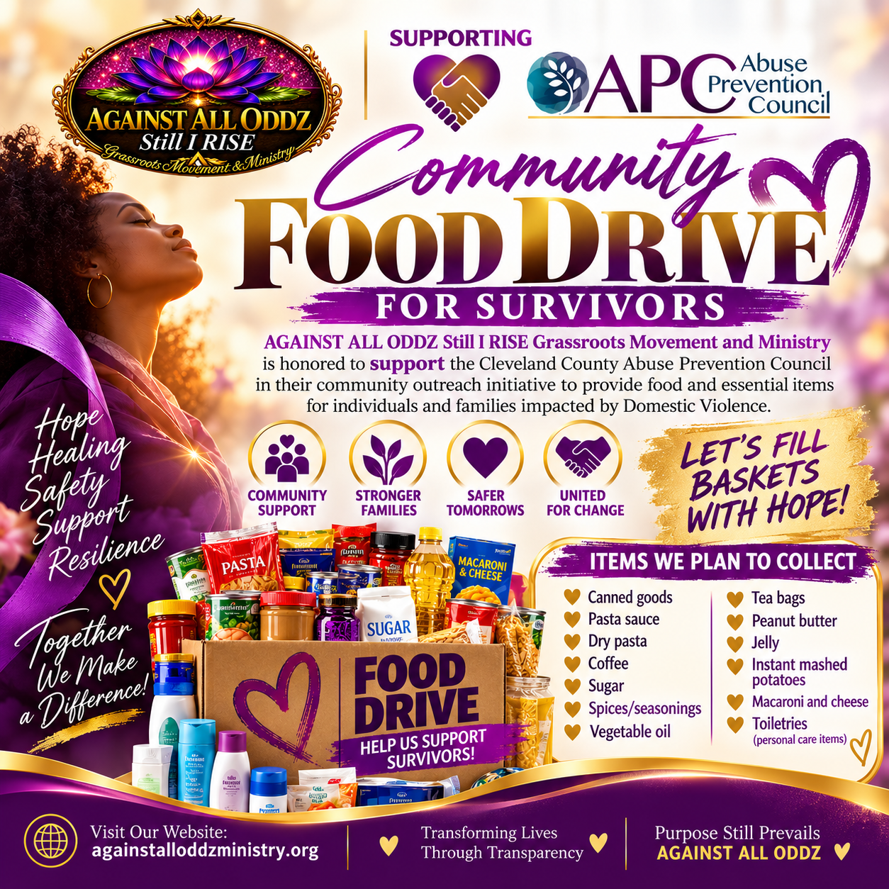 Community Food Drive for Survivors — Against All Oddz supporting the Cleveland County Abuse Prevention Council
